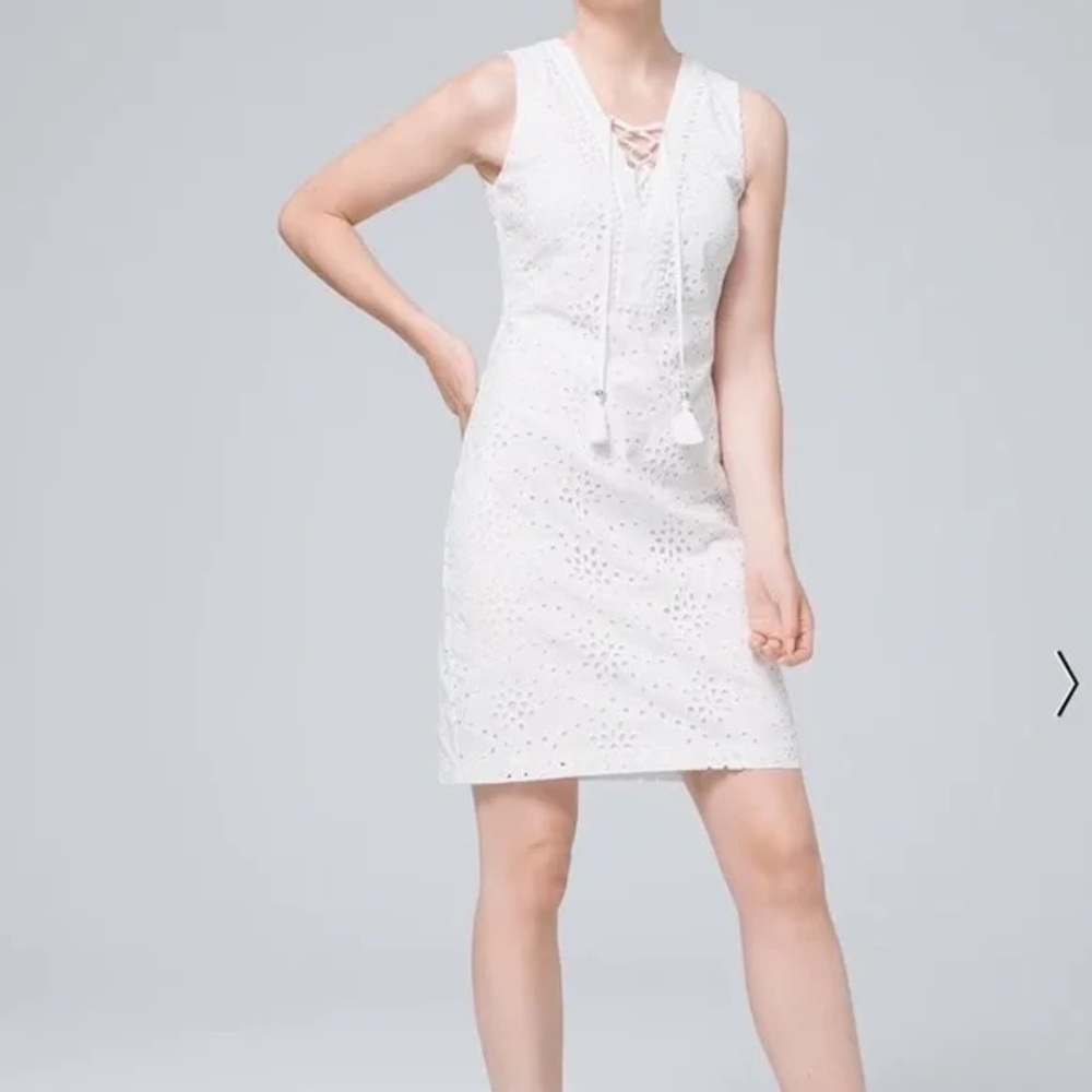 White House Black Market Dress 12 White Eyelet Tassel Shift Resort‎ Boho Preppy